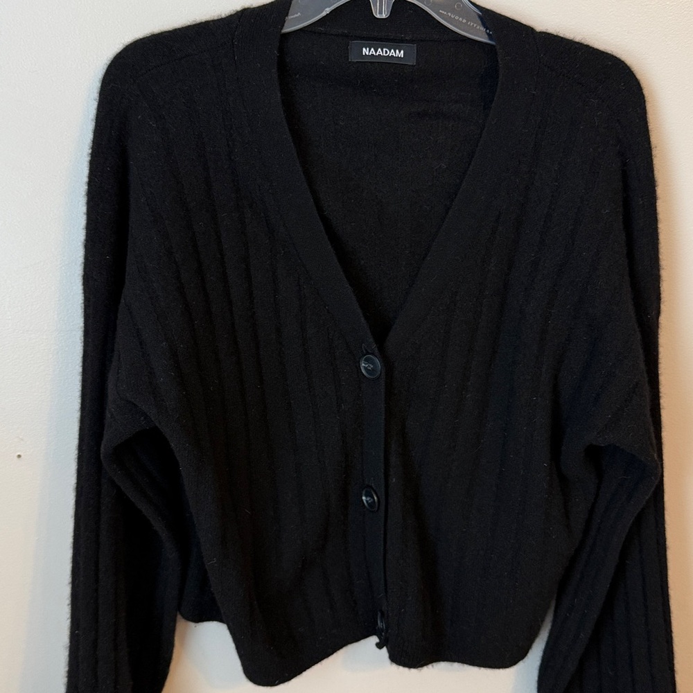 Nadaam Black Cashmere Cropped Ribbed Knit Sweater Cardigan Luxurious Size XXL